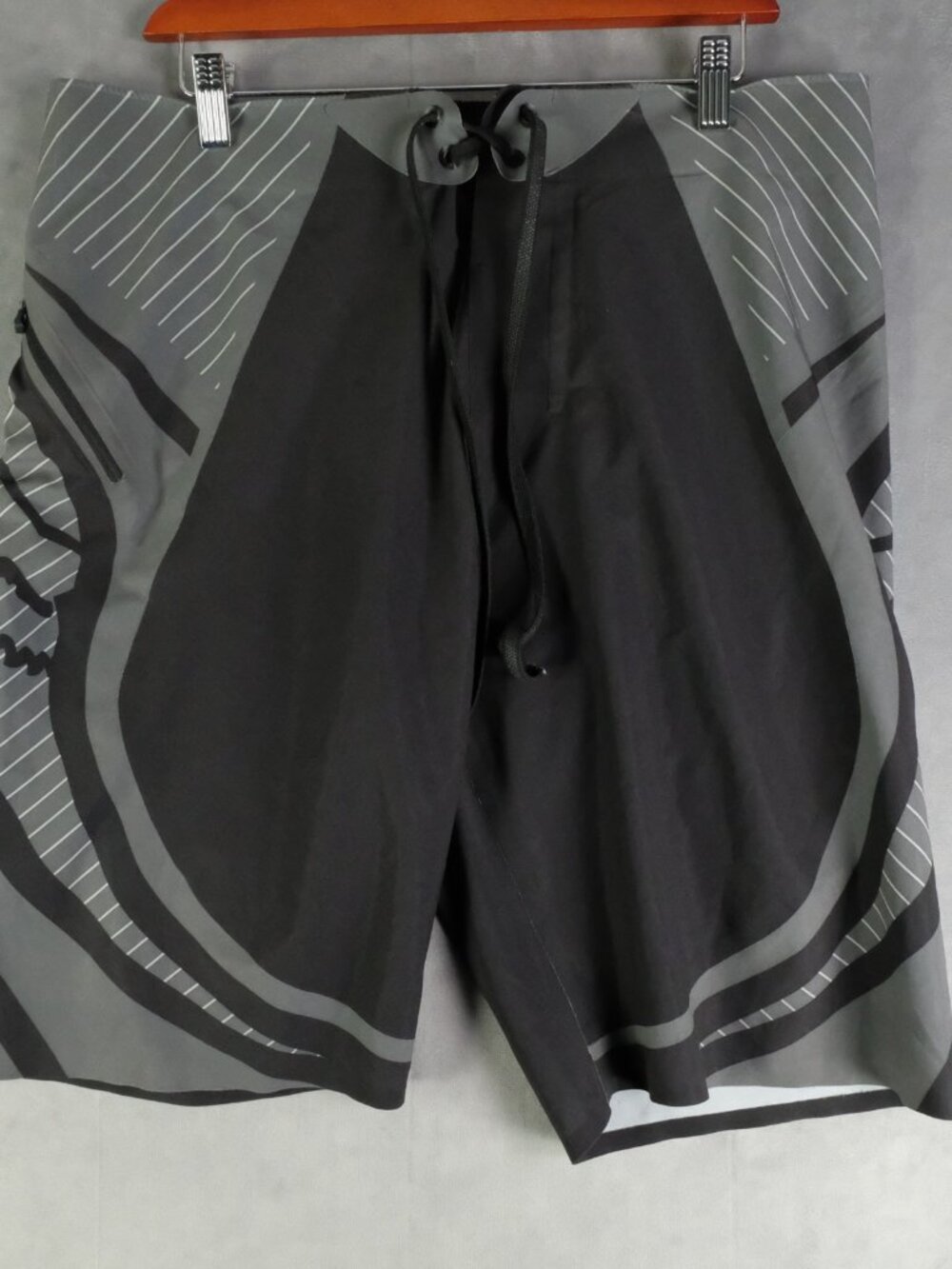 Fox Racing Board Shorts Mens 36 Black Gray Gray Striped Lace Up Zip Pocket Swim